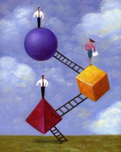 an illustration of three people standing on shapes connected to ladders